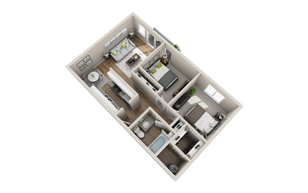 Two Bedroom - 2 bedroom floorplan layout with 1 bath and 910 square feet (1st floor 2D)